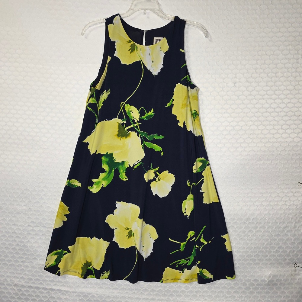 Anne Klein Navy Blue Yellow Floral Sleeveless Trapeze Mini Dress Size 6